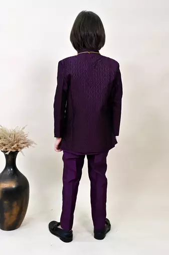 Boys wine silk blend zigzag jacquard embroidered sherwani set