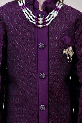 Boys wine silk blend zigzag jacquard embroidered sherwani set 3