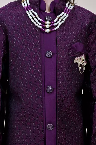 Boys wine silk blend zigzag jacquard embroidered sherwani set