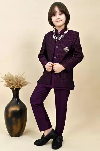 Boys wine silk blend zigzag jacquard embroidered sherwani set