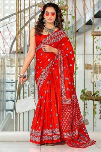 Red soft pure cotton printed  fancy saree with blouse