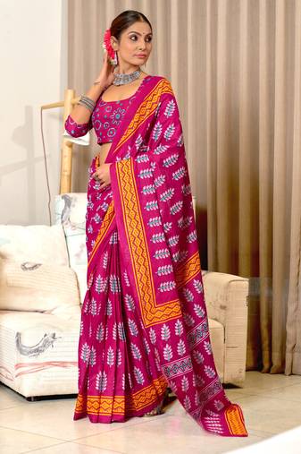 Pink mulmul cotton printed fancy saree with blouse