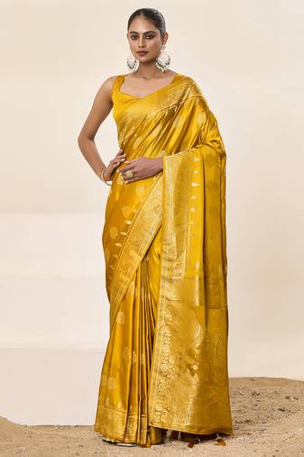 Yellow satin silk fancy  saree with blouse