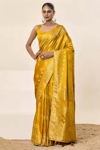 Yellow satin silk fancy  saree with blouse