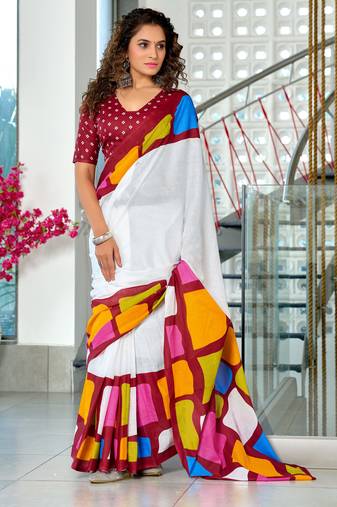 White soft pure cotton printed  fancy saree with blouse