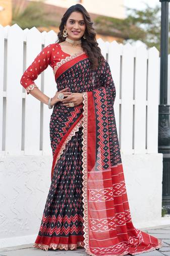 Black pure mulmul cotton printed  fancy saree with blouse