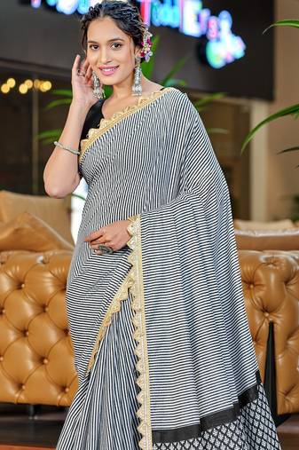 Black pure mulmul cotton printed  fancy saree with blouse