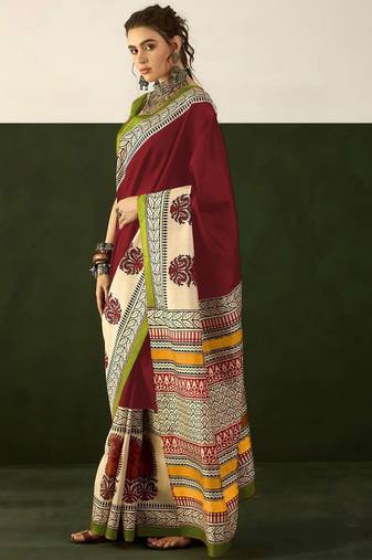 Maroon soft pure cotton printed  fancy saree with blouse