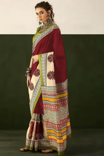 Maroon soft pure cotton printed  fancy saree with blouse