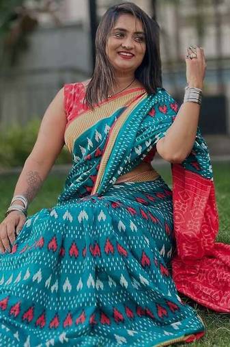 Blue soft mulmul cotton printed  fancy saree with blouse