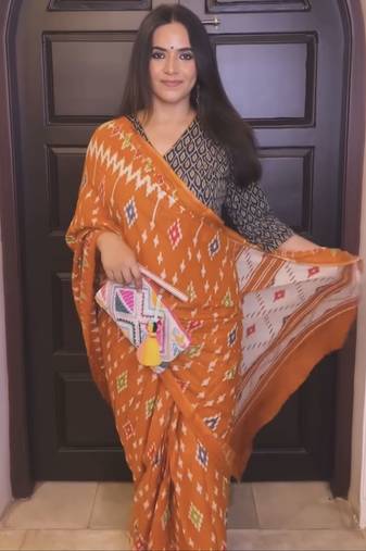 Orange soft mulmul cotton printed  fancy saree with blouse