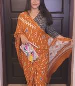 Orange soft mulmul cotton printed  fancy saree with blouse