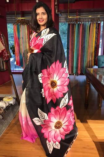 Black soft mulmul cotton printed fancy saree with blouse