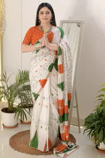 White mulmul cotton printed fancy saree with blouse