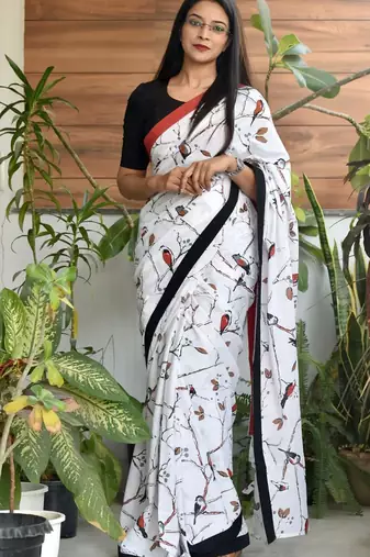 White soft pure cotton printed fancy saree with blouse