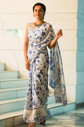 White soft pure cotton printed fancy saree with blouse