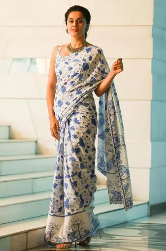 White soft pure cotton printed fancy saree with blouse
