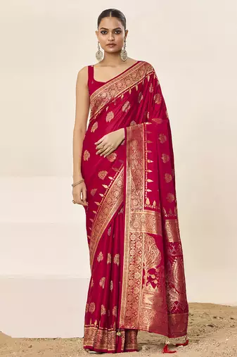 Red satin silk fancy  saree with blouse