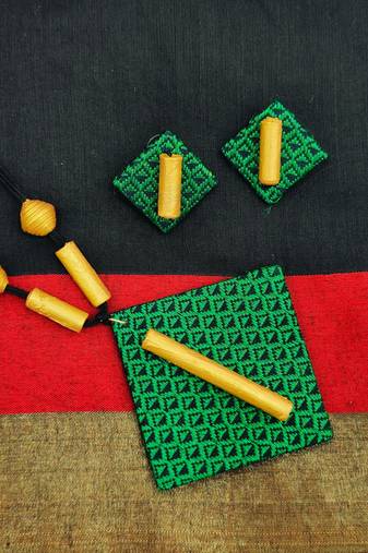 Green handloom fabric long necklace