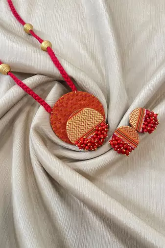 Orange long necklace, golden bead jewelery