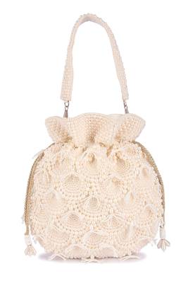 White pearl embroidered silk potli bag 1