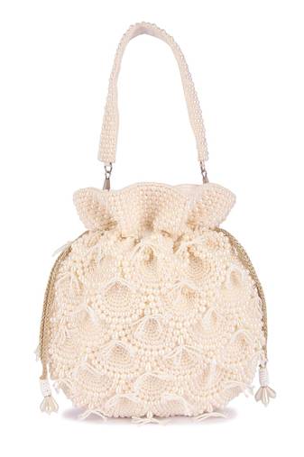 White pearl embroidered silk potli bag