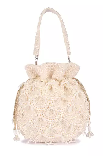 White pearl embroidered silk potli bag