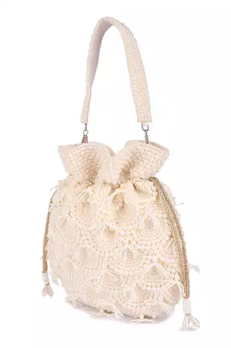 White pearl embroidered silk potli bag