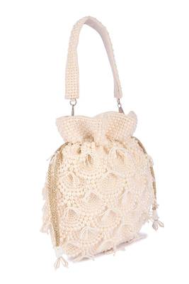White pearl embroidered silk potli bag 3
