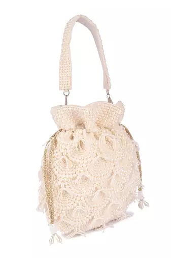 White pearl embroidered silk potli bag