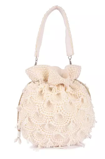 White pearl embroidered silk potli bag