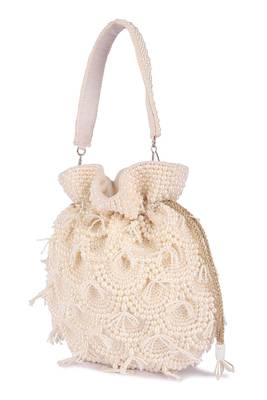 White pearl embroidered silk potli bag 5