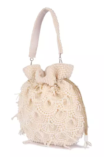 White pearl embroidered silk potli bag