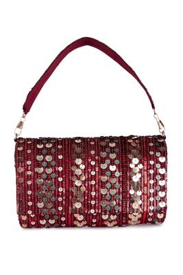 Maroon sequin embroidered silk clutch 1