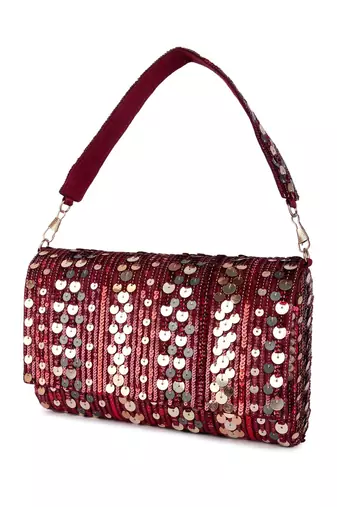Maroon sequin embroidered silk clutch