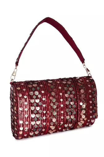 Maroon sequin embroidered silk clutch