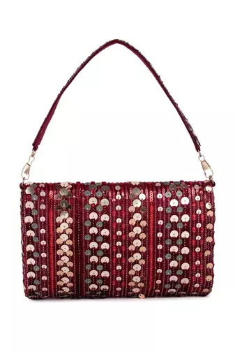 Maroon sequin embroidered silk clutch