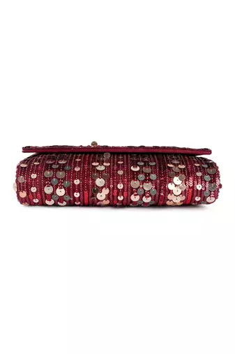 Maroon sequin embroidered silk clutch