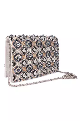 Multicolor beads embroidered leather clutch