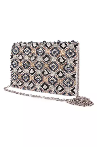 Multicolor beads embroidered leather clutch