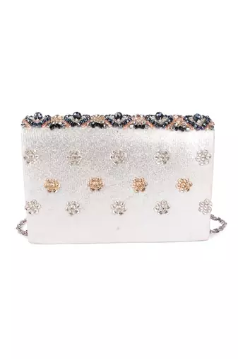 Multicolor beads embroidered leather clutch
