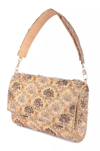 Gold sequin embroidered silk clutch