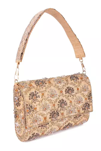 Gold sequin embroidered silk clutch