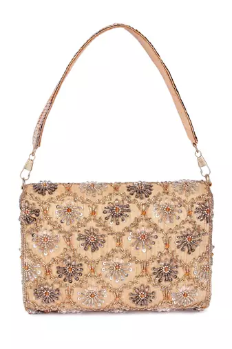 Gold sequin embroidered silk clutch