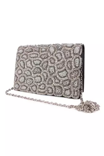 Silver embroidered silk clutch