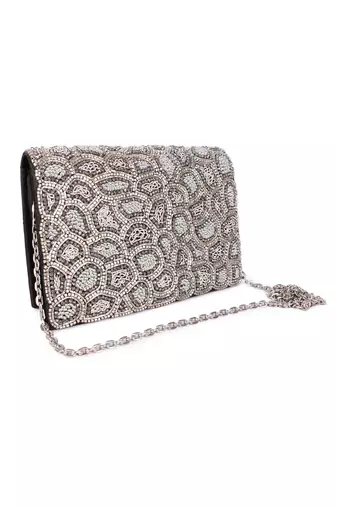 Silver embroidered silk clutch