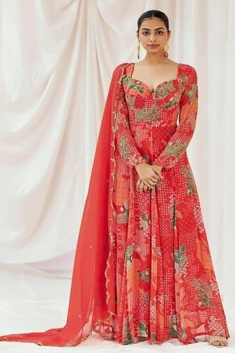 Red printed georgette anarkali