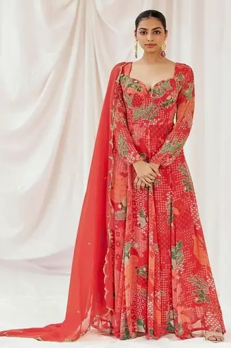 Red printed georgette anarkali