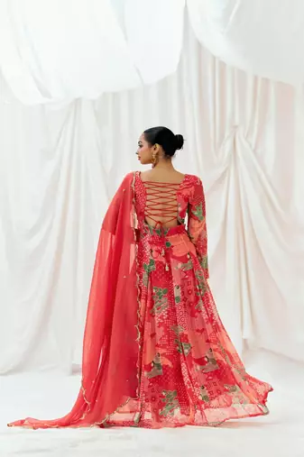 Red printed georgette anarkali