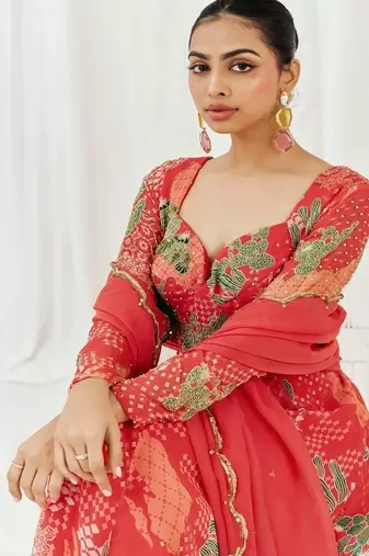 Red printed georgette anarkali